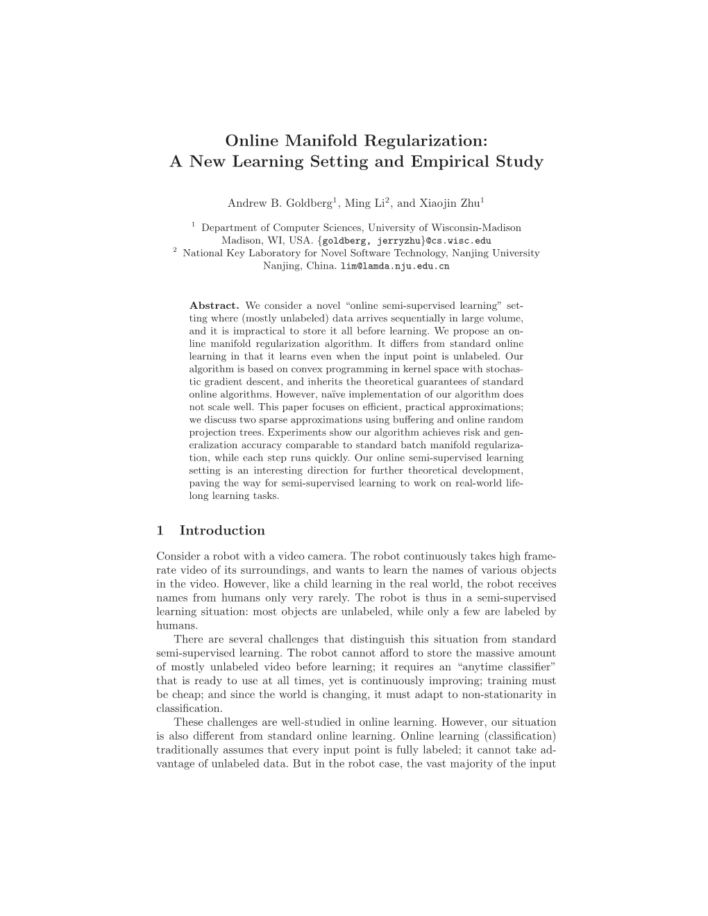 Online Manifold Regularization: a New Learning Setting and Empirical Study