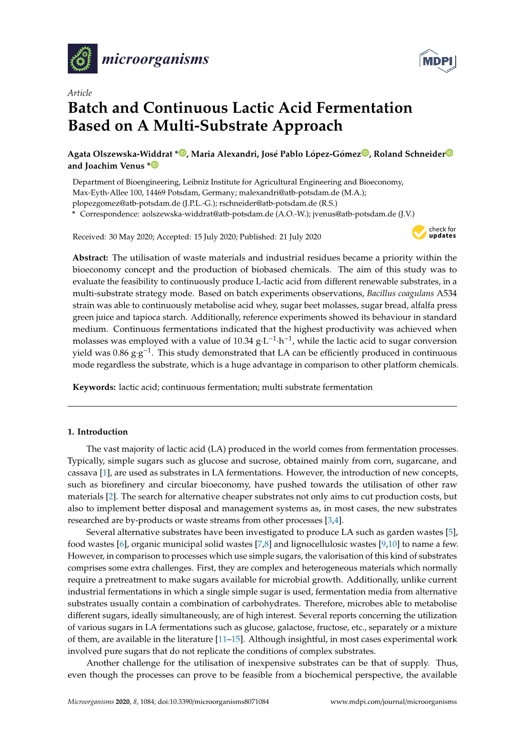 Batch and Continuous Lactic Acid Fermentation Based on a Multi-Substrate Approach