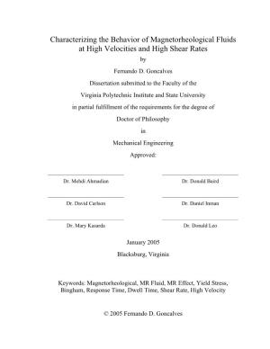 Characterizing the Behavior of Magnetorheological Fluids at High Velocities and High Shear Rates by Fernando D