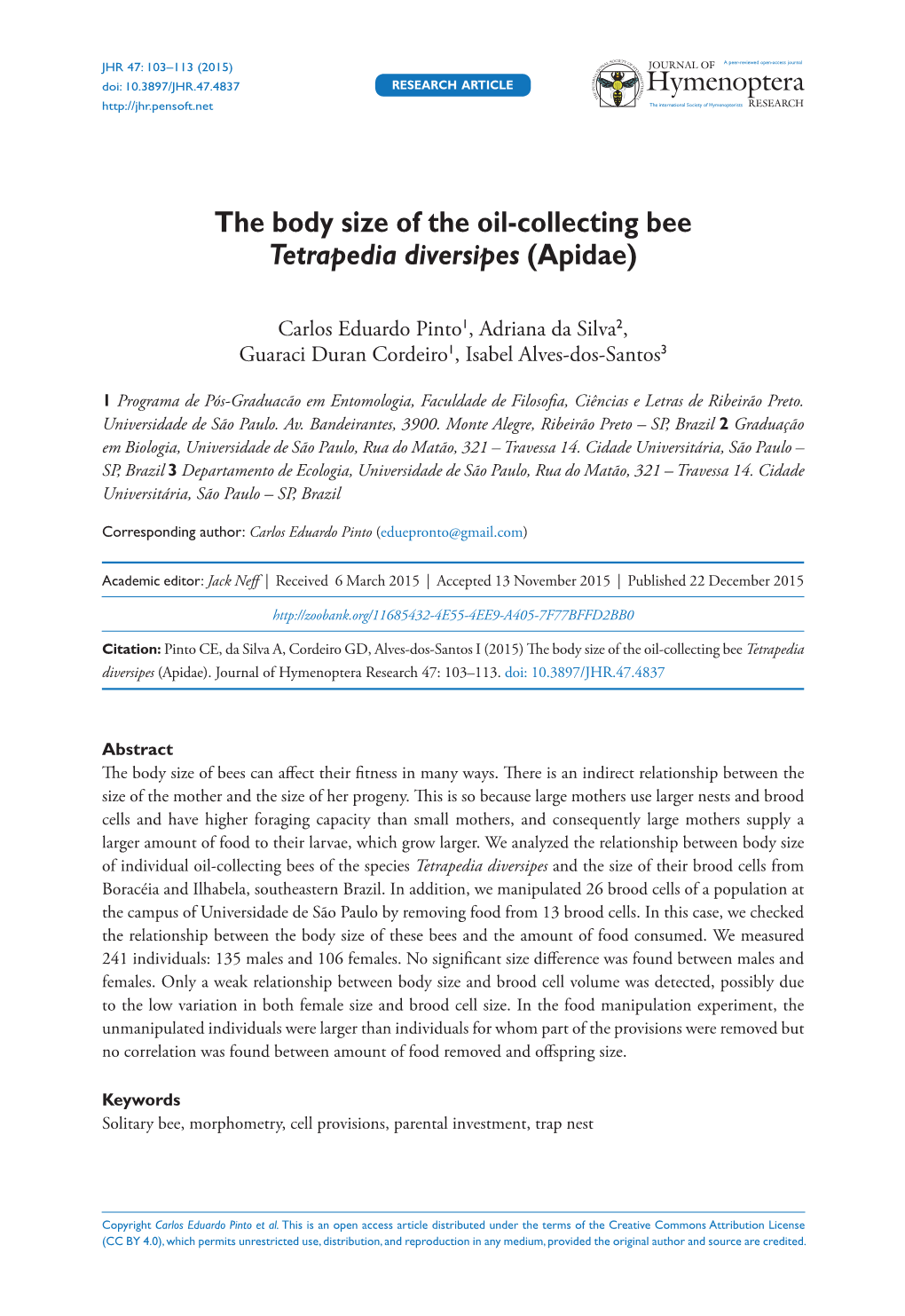 ﻿The Body Size of the Oil-Collecting Bee Tetrapedia Diversipes (Apidae)