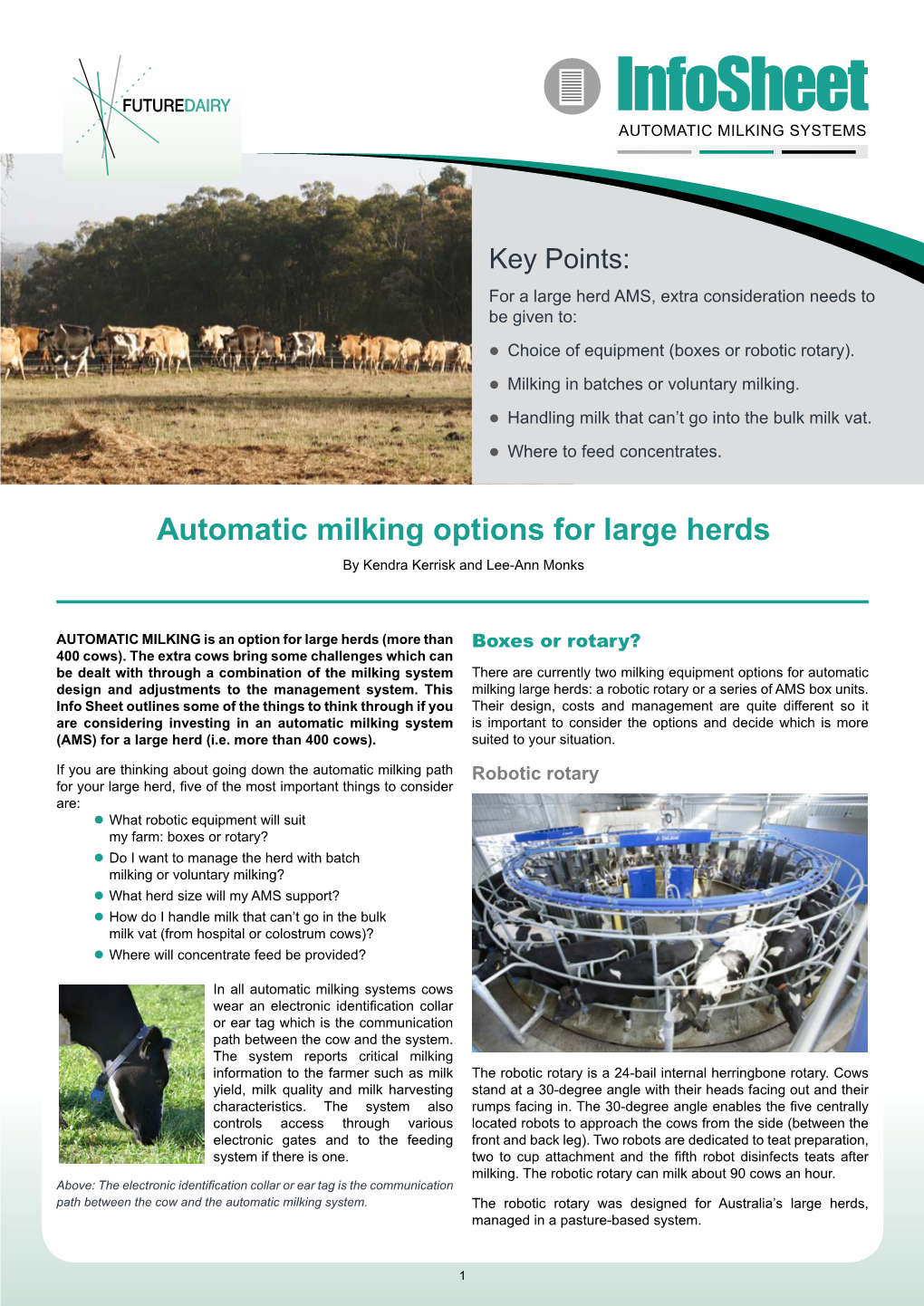 Automatic Milking Options for Large Herds by Kendra Kerrisk and Lee-Ann Monks