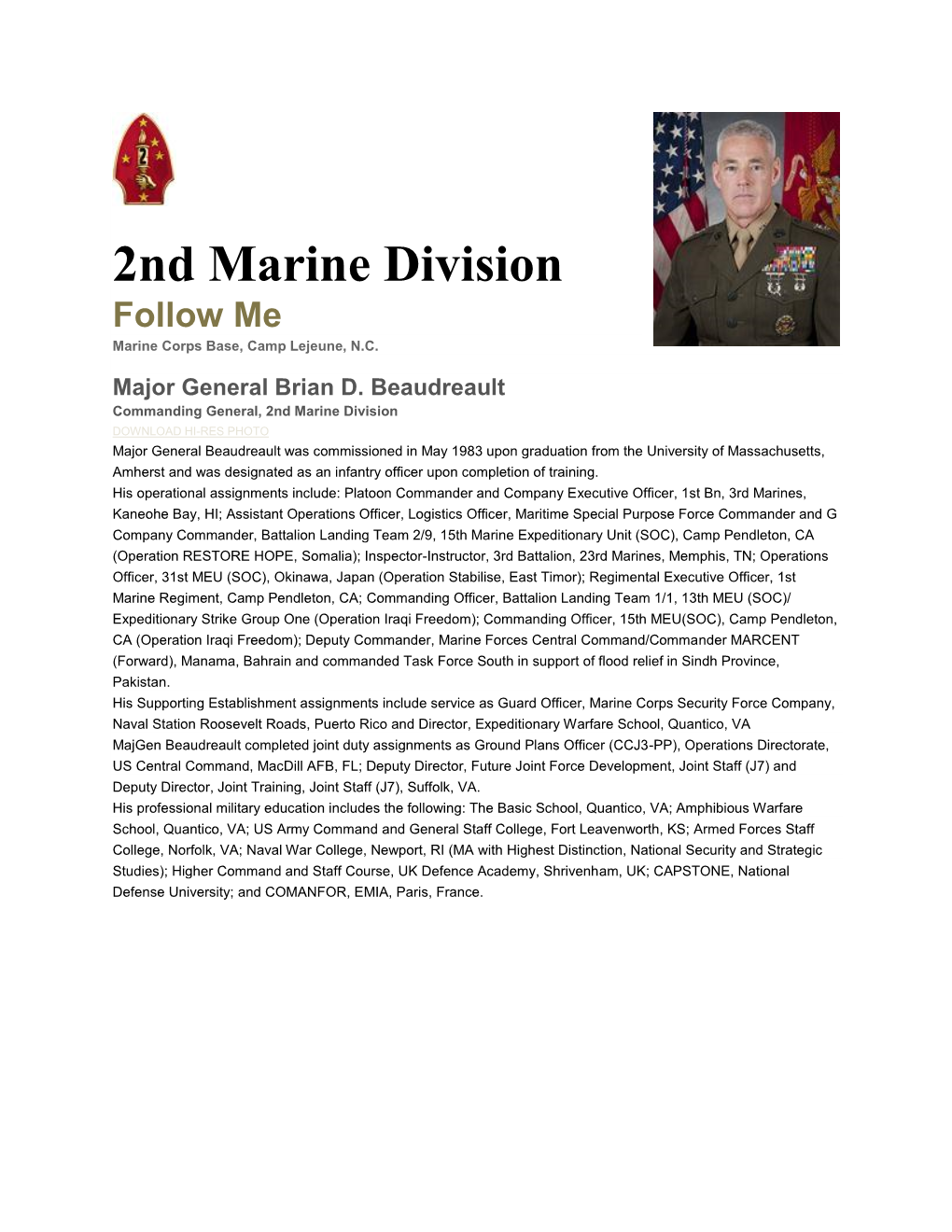 2Nd Marine Division Follow Me Marine Corps Base, Camp Lejeune, N.C