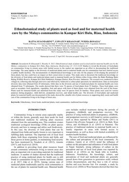 Ethnobotanical Study of Plants Used As Food and for Maternal Health Care by the Malays Communities in Kampar Kiri Hulu, Riau, Indonesia