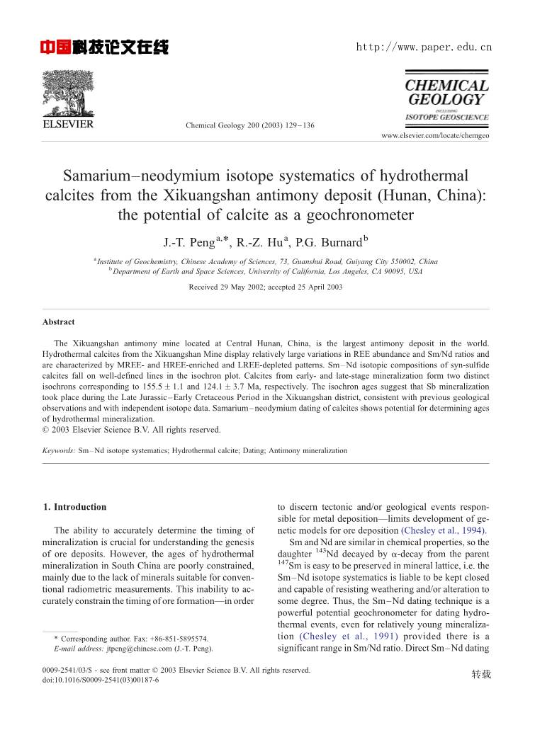 Samarium–Neodymium Isotope Systematics of Hydrothermal Calcites from the Xikuangshan Antimony Deposit (Hunan, China): the Potential of Calcite As a Geochronometer