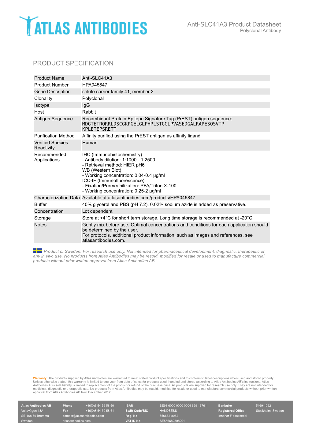 PRODUCT SPECIFICATION Anti-SLC41A3 Product Datasheet
