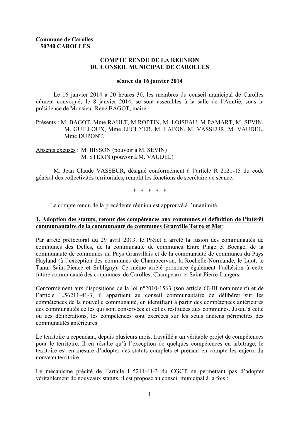Compte-Rendu Du Conseil Municipal Du 16 Janvier 2014