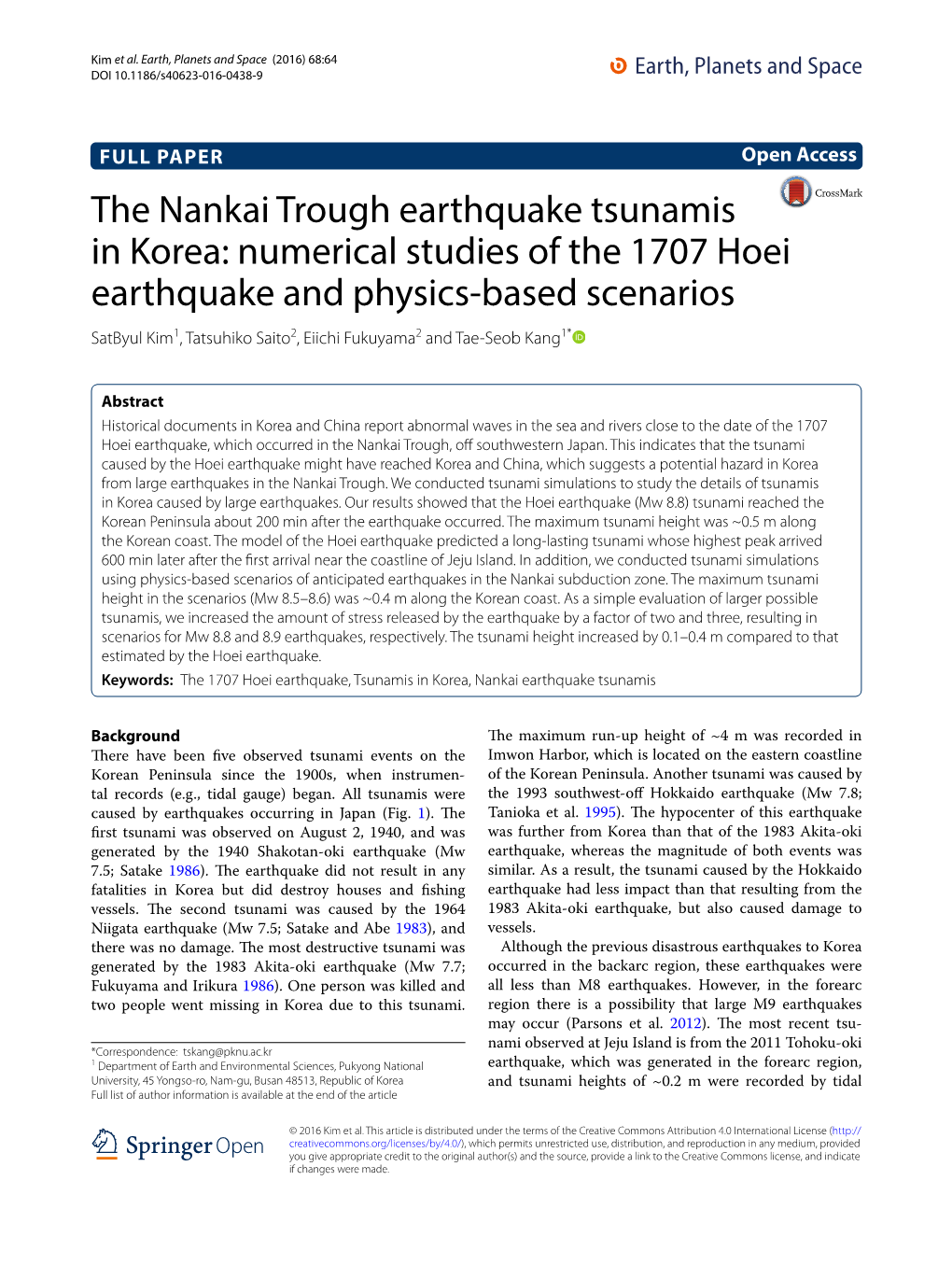 The Nankai Trough Earthquake Tsunamis in Korea: Numerical Studies of the 1707 Hoei Earthquake and Physics-Based Scenarios