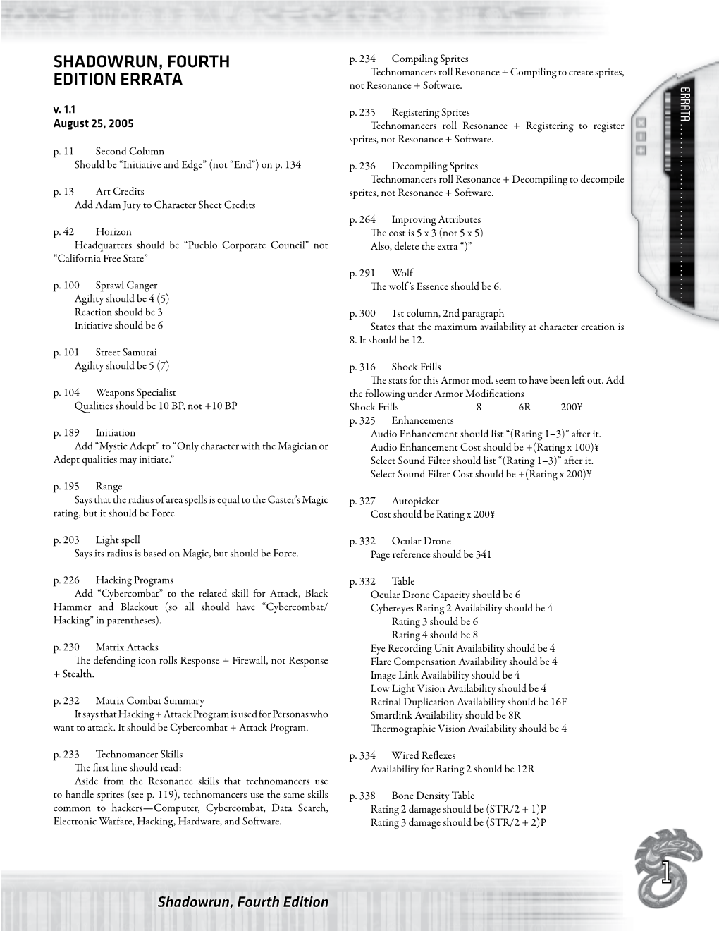 Shadowrun, Fourth Edition Errata