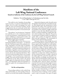 Manifesto of the Left Wing National Conference: Issued on Authority of the Conference by the Left Wing National Council