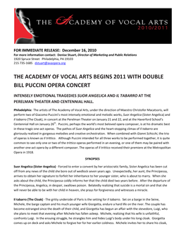 The Academy of Vocal Arts Begins 2011 with Double Bill Puccini Opera Concert