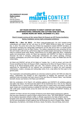 Art Miami Expands to Debut Context Art Miami, an International Emerging and Cutting-Edge Art Fair, During Miami Art Week, December 4-9, 2012