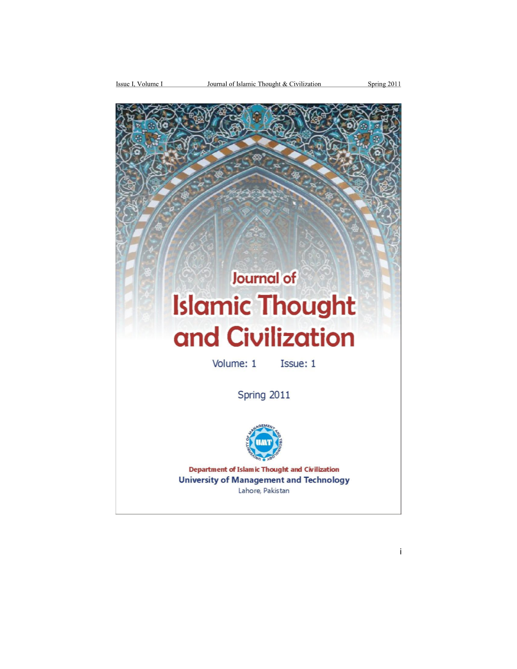 Issue I, Volume I Journal of Islamic Thought & Civilization Spring 2011