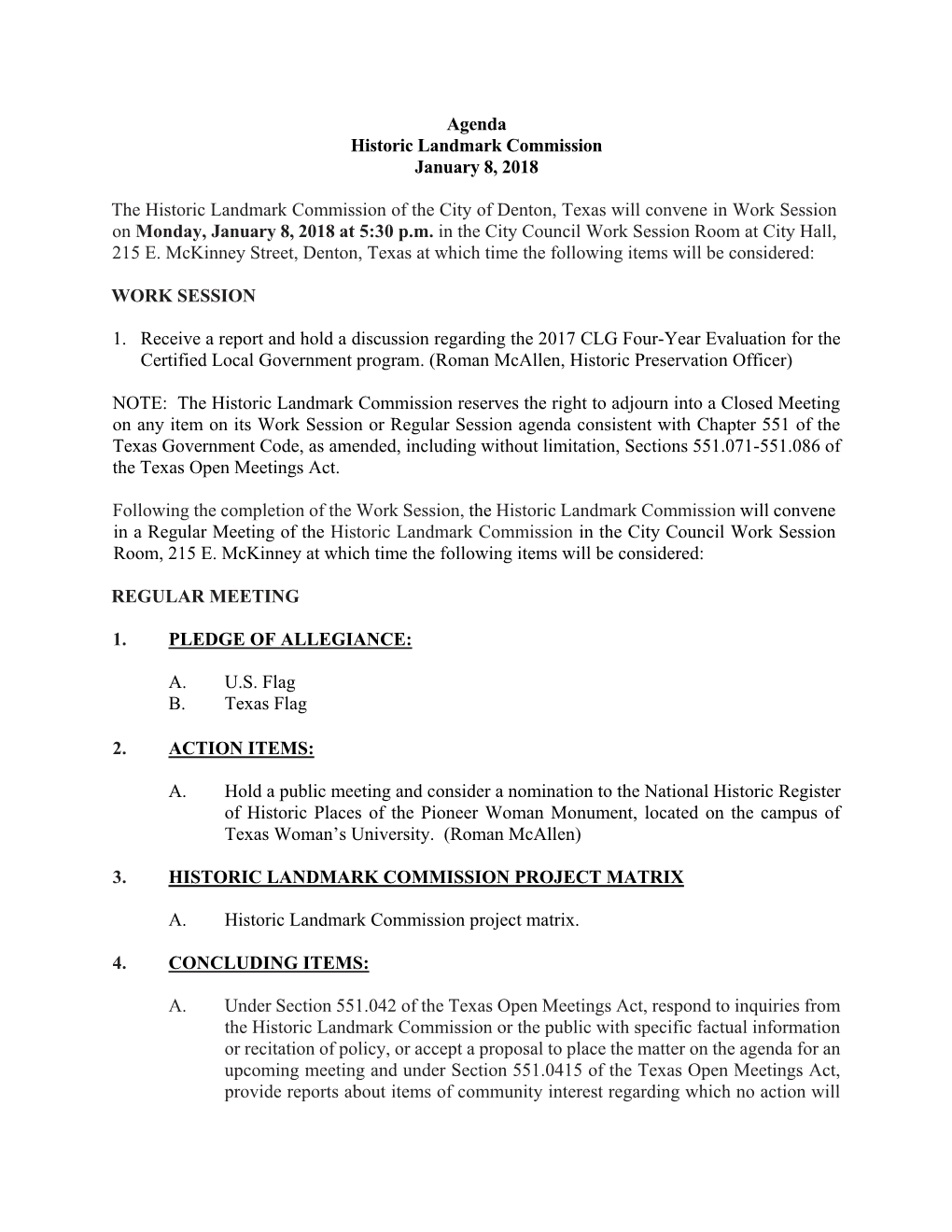 Agenda Historic Landmark Commission January 8, 2018 The