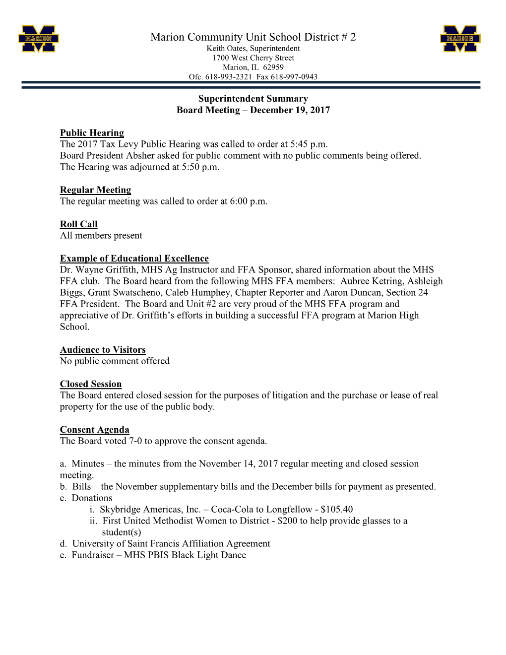 Marion Community Unit School District # 2 Keith Oates, Superintendent 1700 West Cherry Street Marion, IL 62959 Ofc