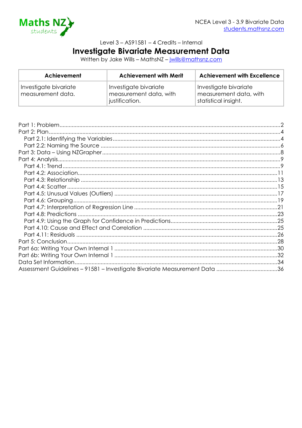 Investigate Bivariate Measurement Data Written by Jake Wills – Mathsnz – Jwills@Mathsnz.Com