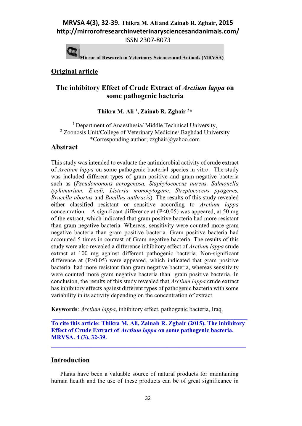 2015 ISSN 2307-8073 Original Article the Inhibitory Effect of Crude E