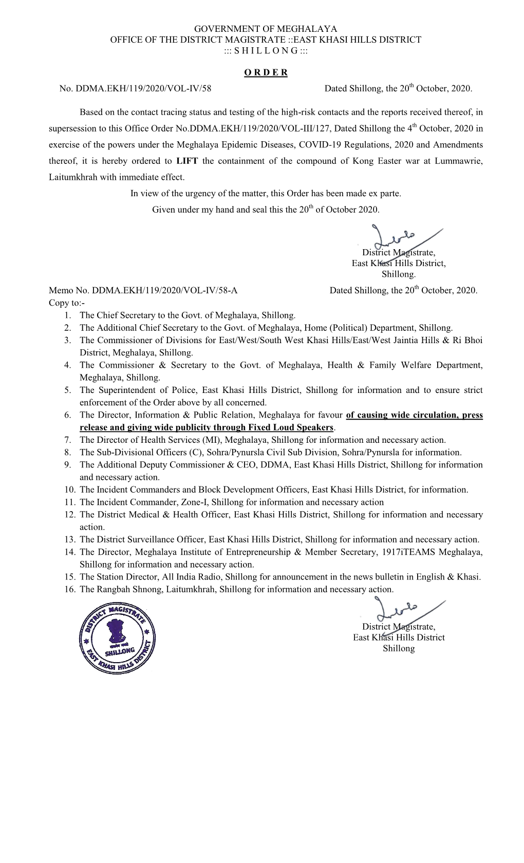 EAST KHASI HILLS DISTRICT ::: SHILLONG ::: ORDER No. DDMA