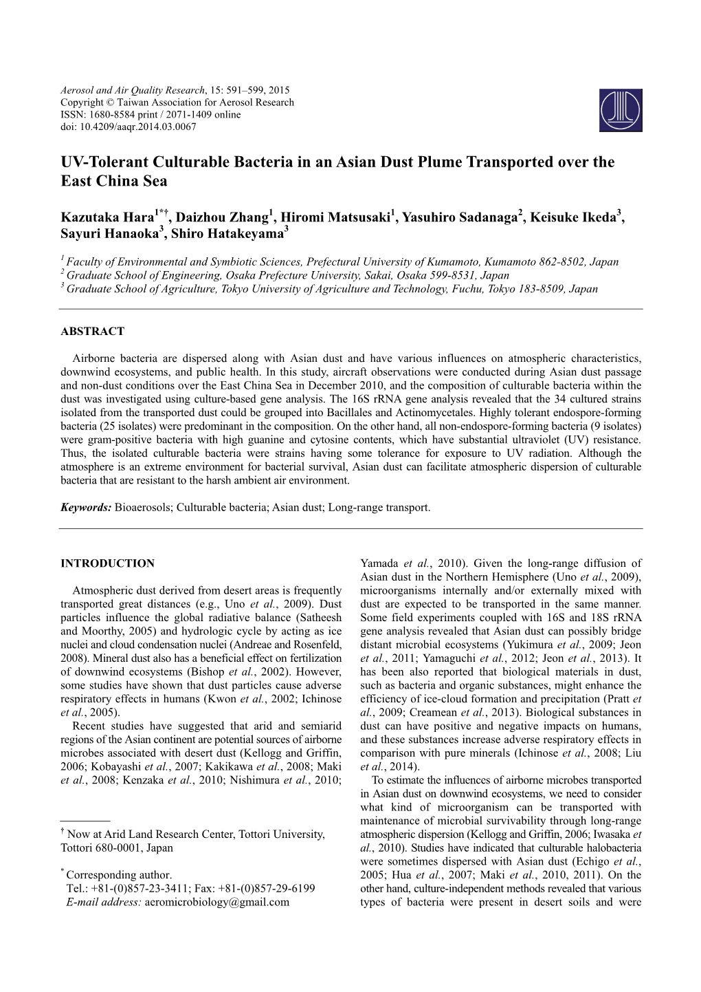 UV-Tolerant Culturable Bacteria in an Asian Dust Plume Transported Over the East China Sea