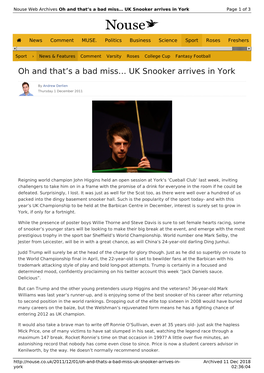 Oh and That's a Bad Miss… UK Snooker Arrives in York | Nouse