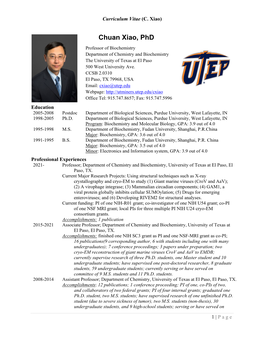 Chuan Xiao, Phd Professor of Biochemistry Department of Chemistry and Biochemistry the University of Texas at El Paso 500 West University Ave