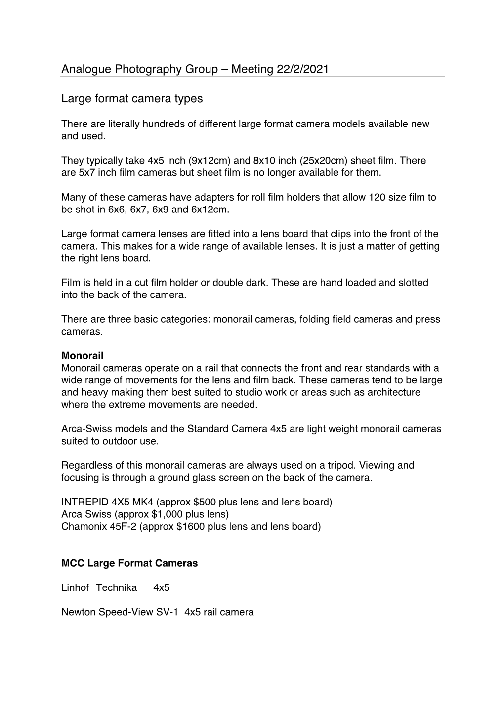 Large Format Camera Types