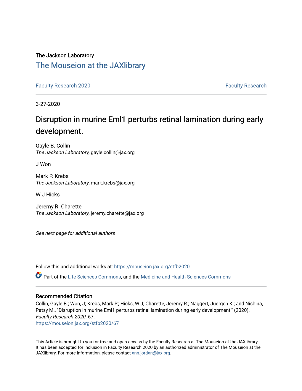 Disruption in Murine Eml1 Perturbs Retinal Lamination During Early Development