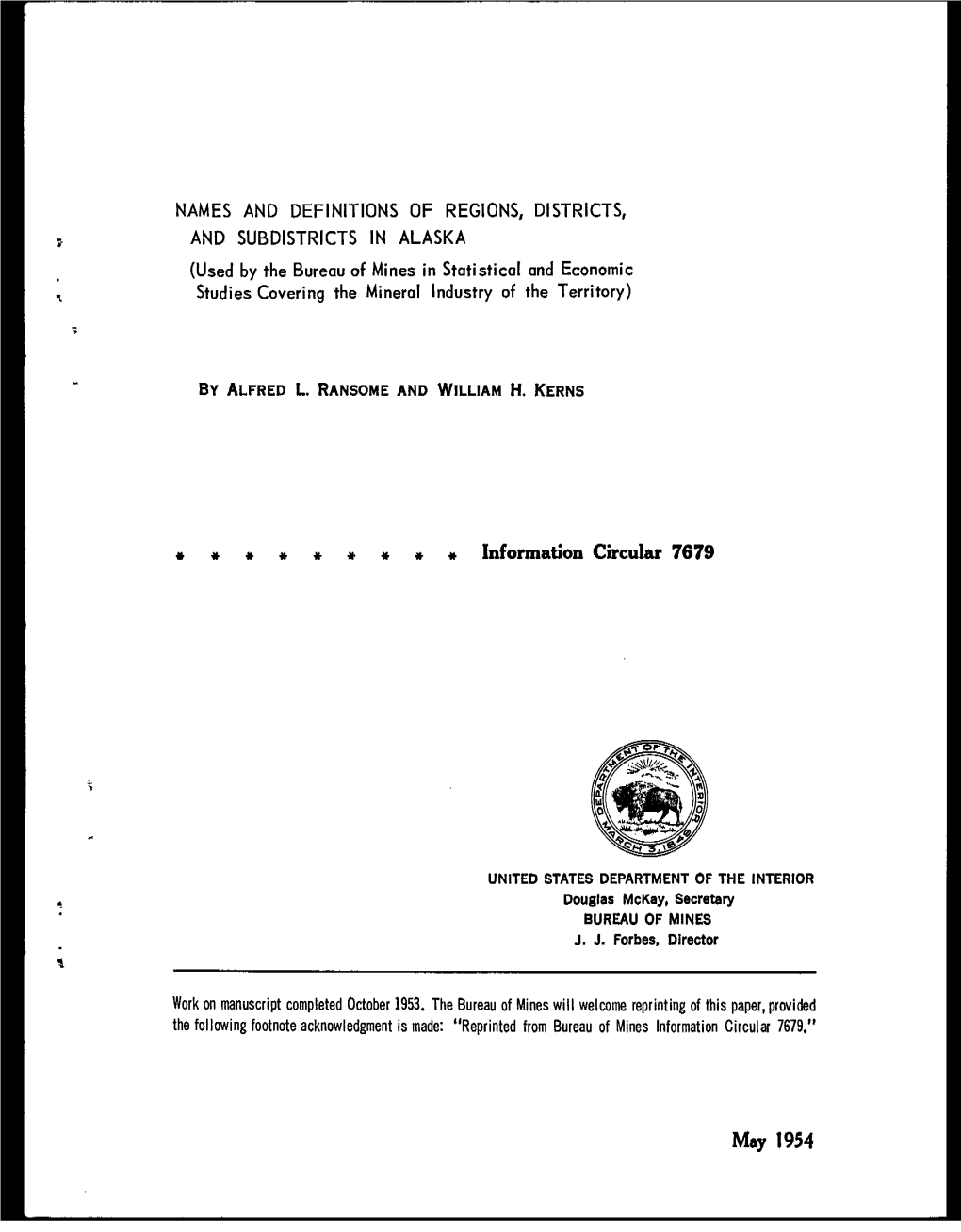 May 1954 NAMES and DEFINITIONS of REGIONS, DISTRICTS, and SUBDISTRICTS in ALASKA