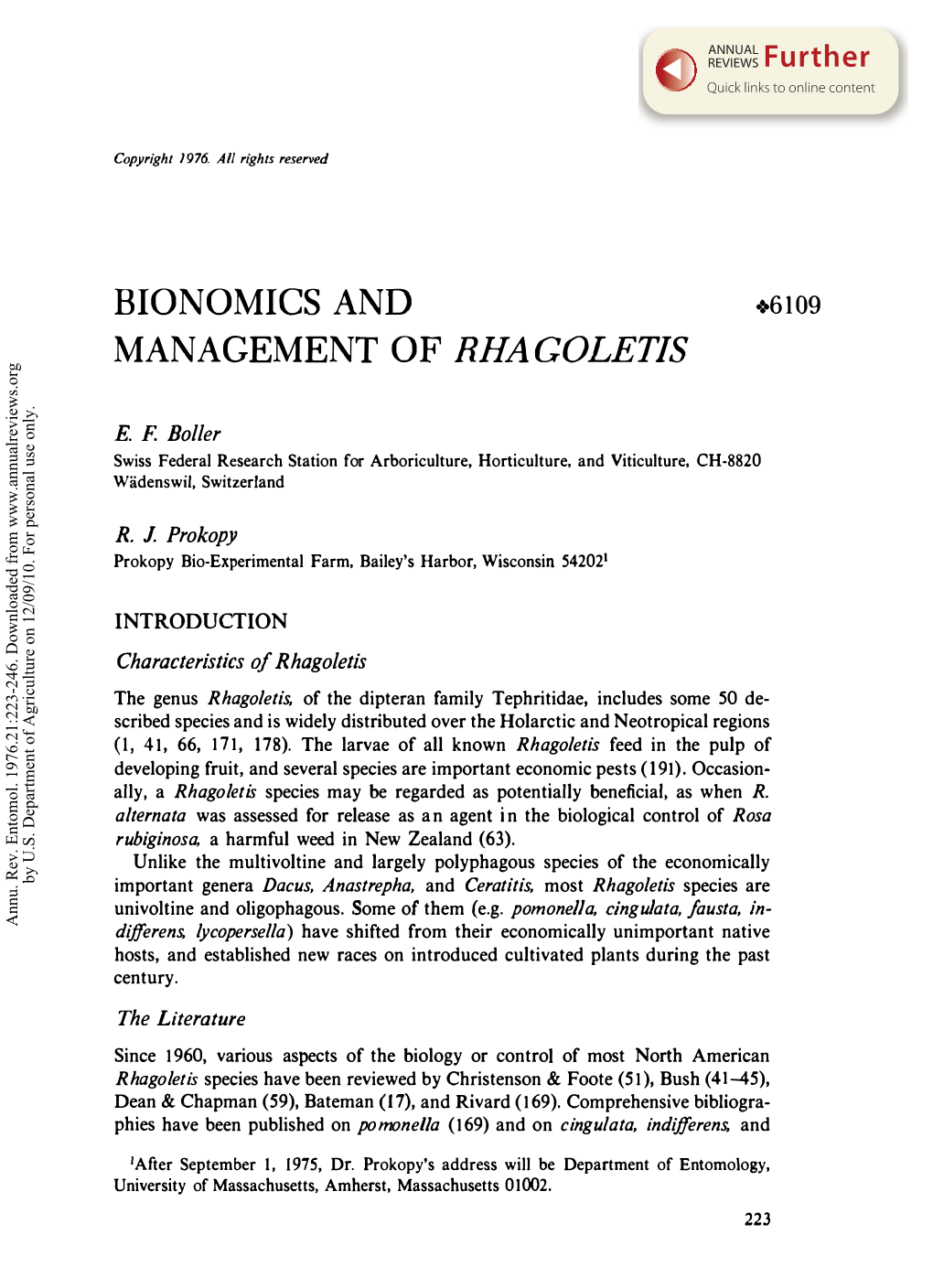 Bionomics and Management of Rhagoletis 225
