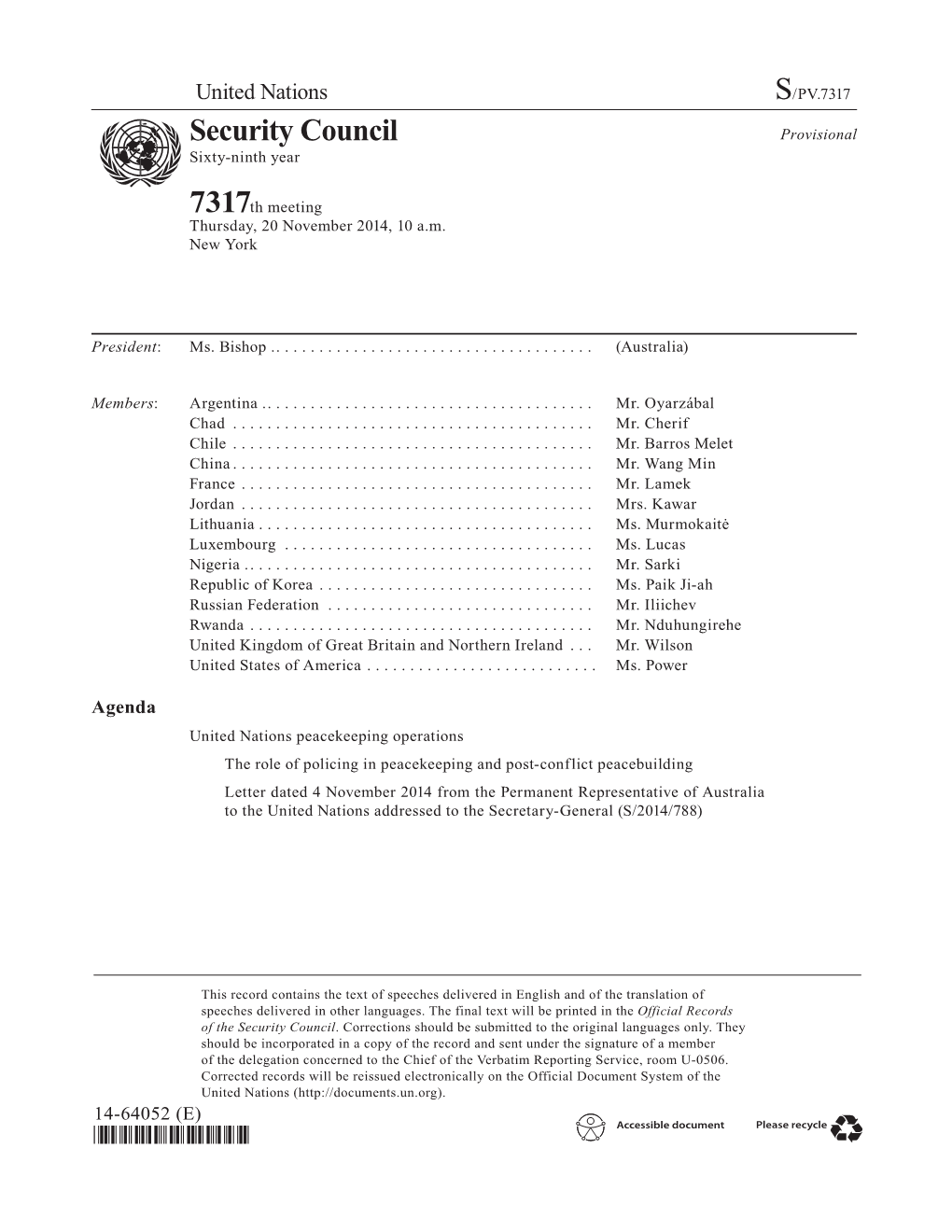 Security Council Provisional Asdf Sixty-Ninth Year 7317Th Meeting Thursday, 20 November 2014, 10 A.M