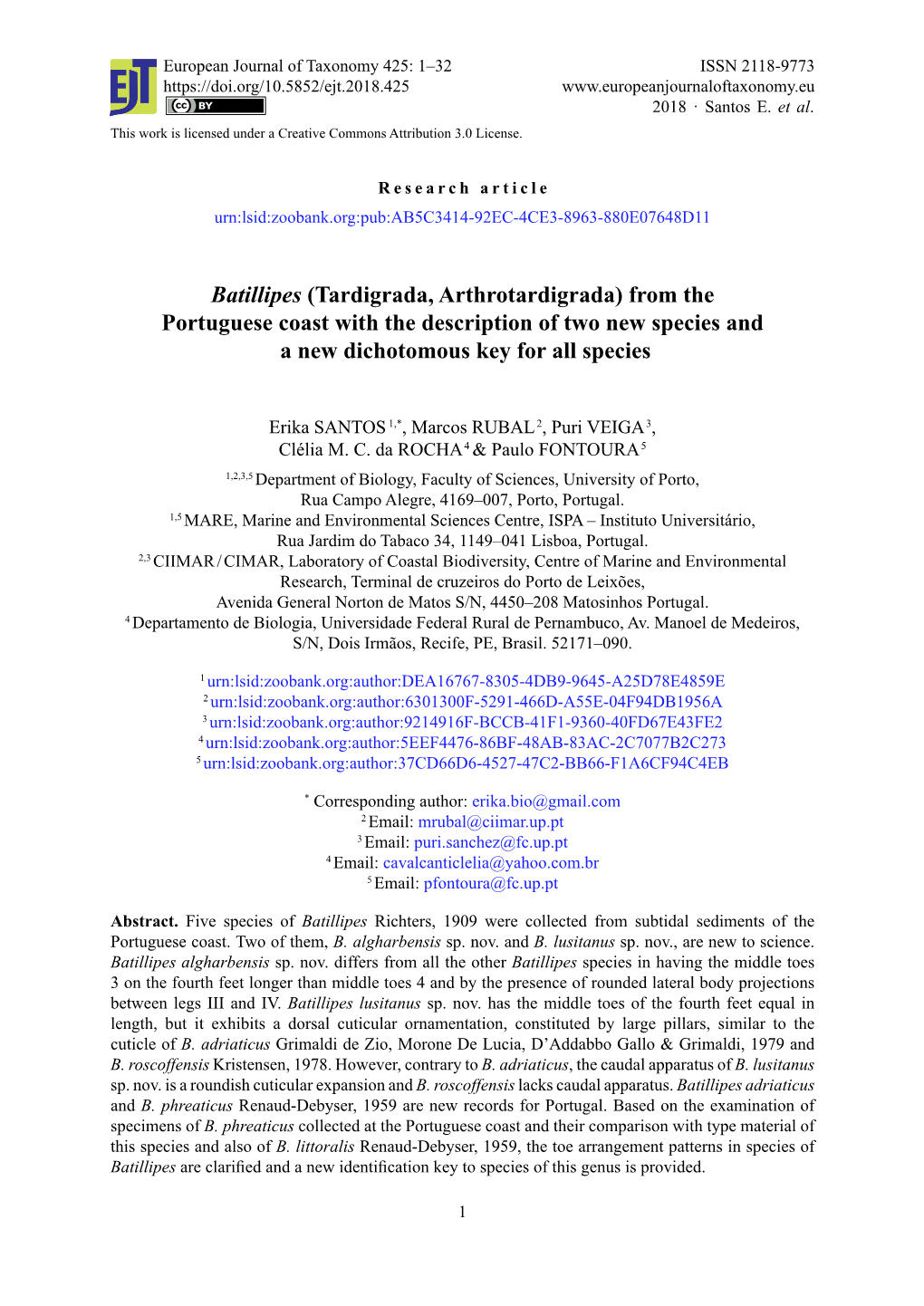 Batillipes (Tardigrada, Arthrotardigrada) from the Portuguese Coast with the Description of Two New Species and a New Dichotomous Key for All Species