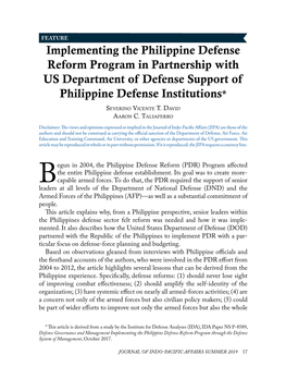 Philippine Defense Reform Program in Partnership with US Department of Defense Support of Philippine Defense Institutions*