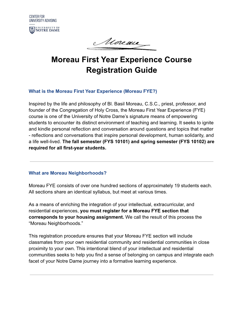 Moreau First Year Experience Course Registration Guide DocsLib