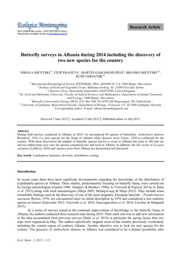 Butterfly Surveys in Albania During 2014 Including the Discovery of Two New Species for the Country