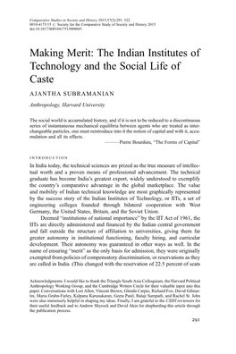 The Indian Institutes of Technology and the Social Life of Caste