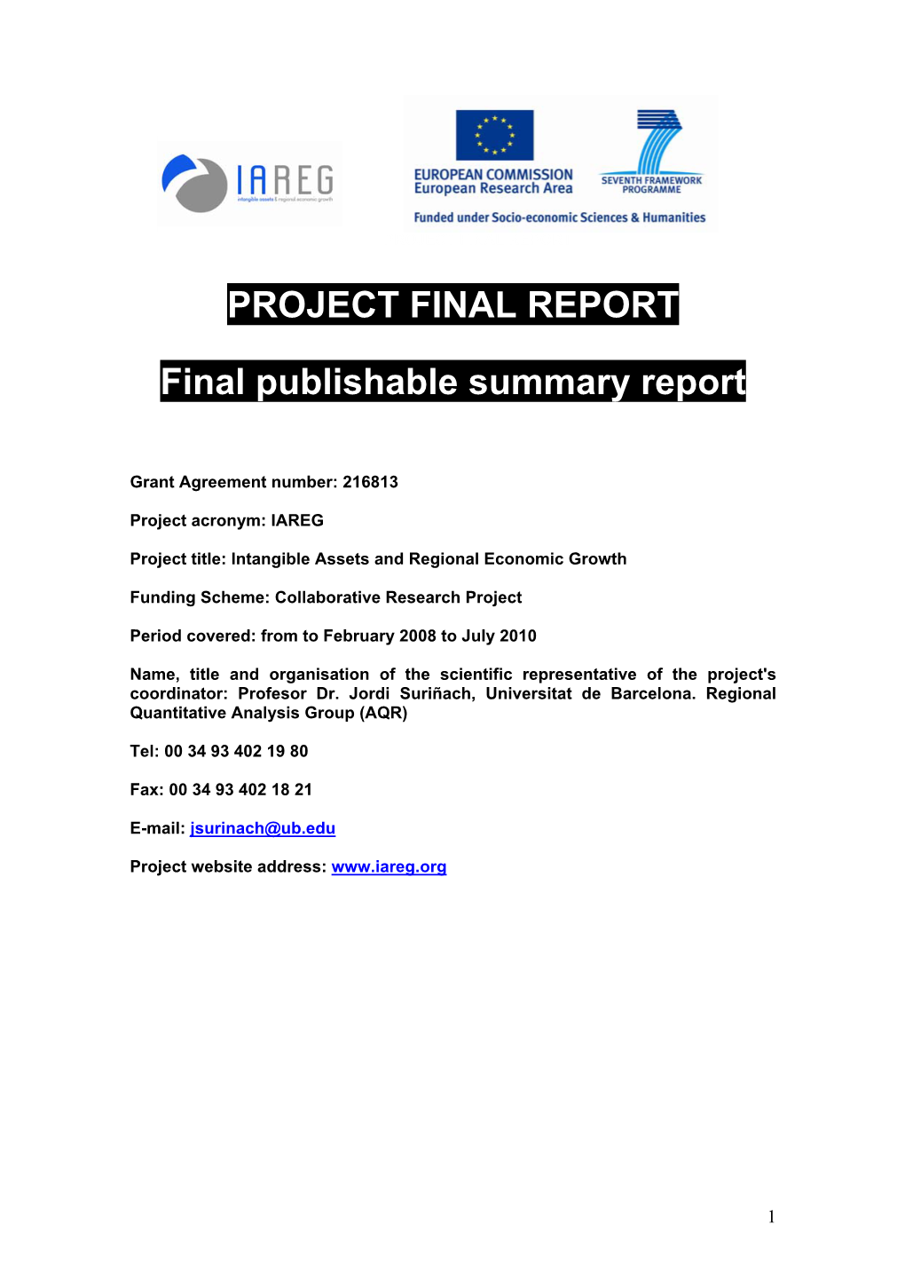 PROJECT FINAL REPORT Final Publishable Summary Report