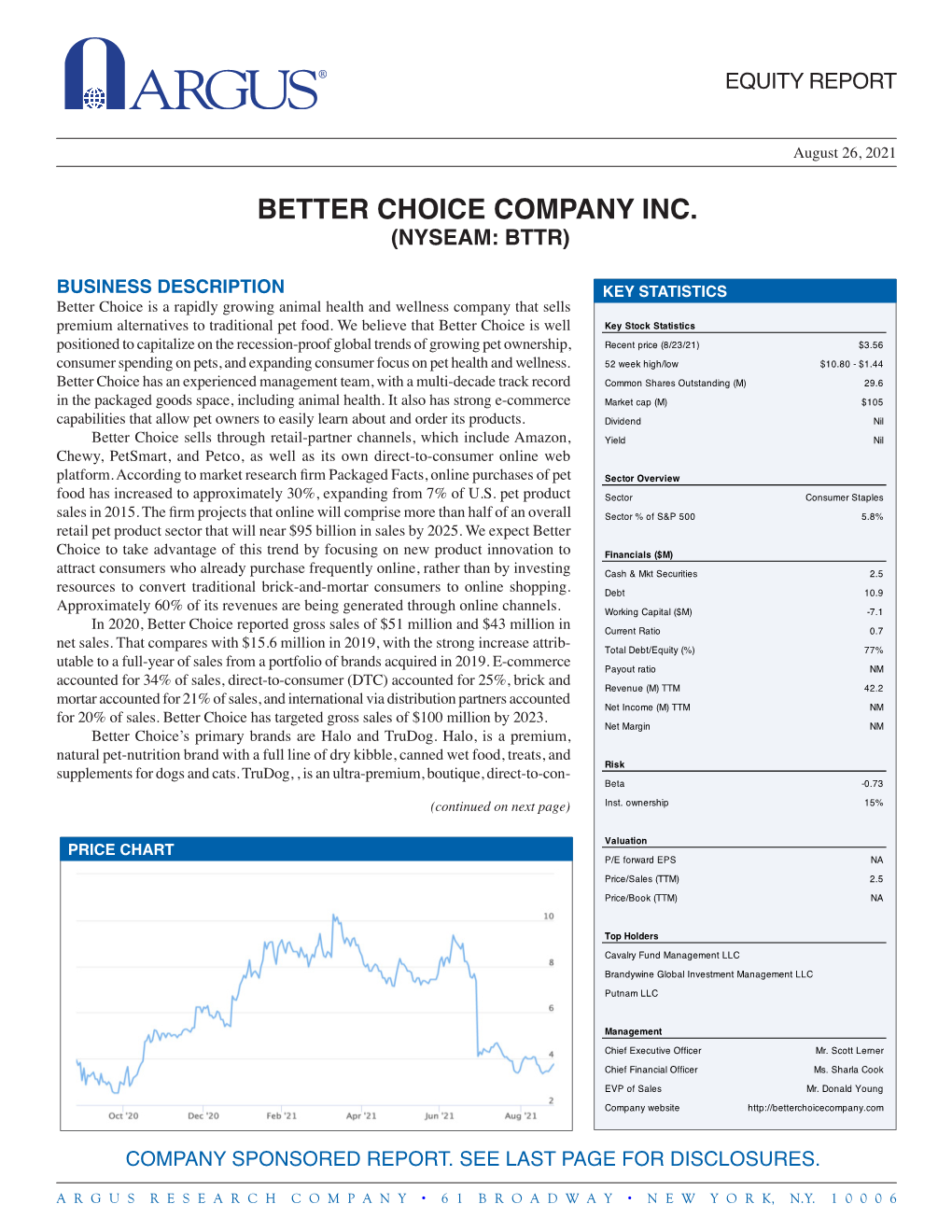 Better Choice Company Inc. (Nyseam: Bttr)