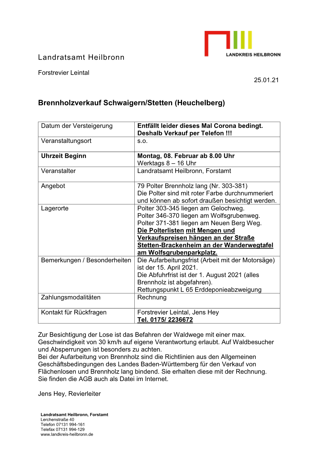 Landratsamt Heilbronn Brennholzverkauf Schwaigern/Stetten
