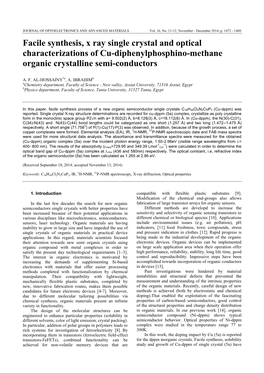 Facile Synthesis, X Ray Single Crystal and Optical Characterizations of Cu-Diphenylphosphino-Methane Organic Crystalline Semi-Conductors