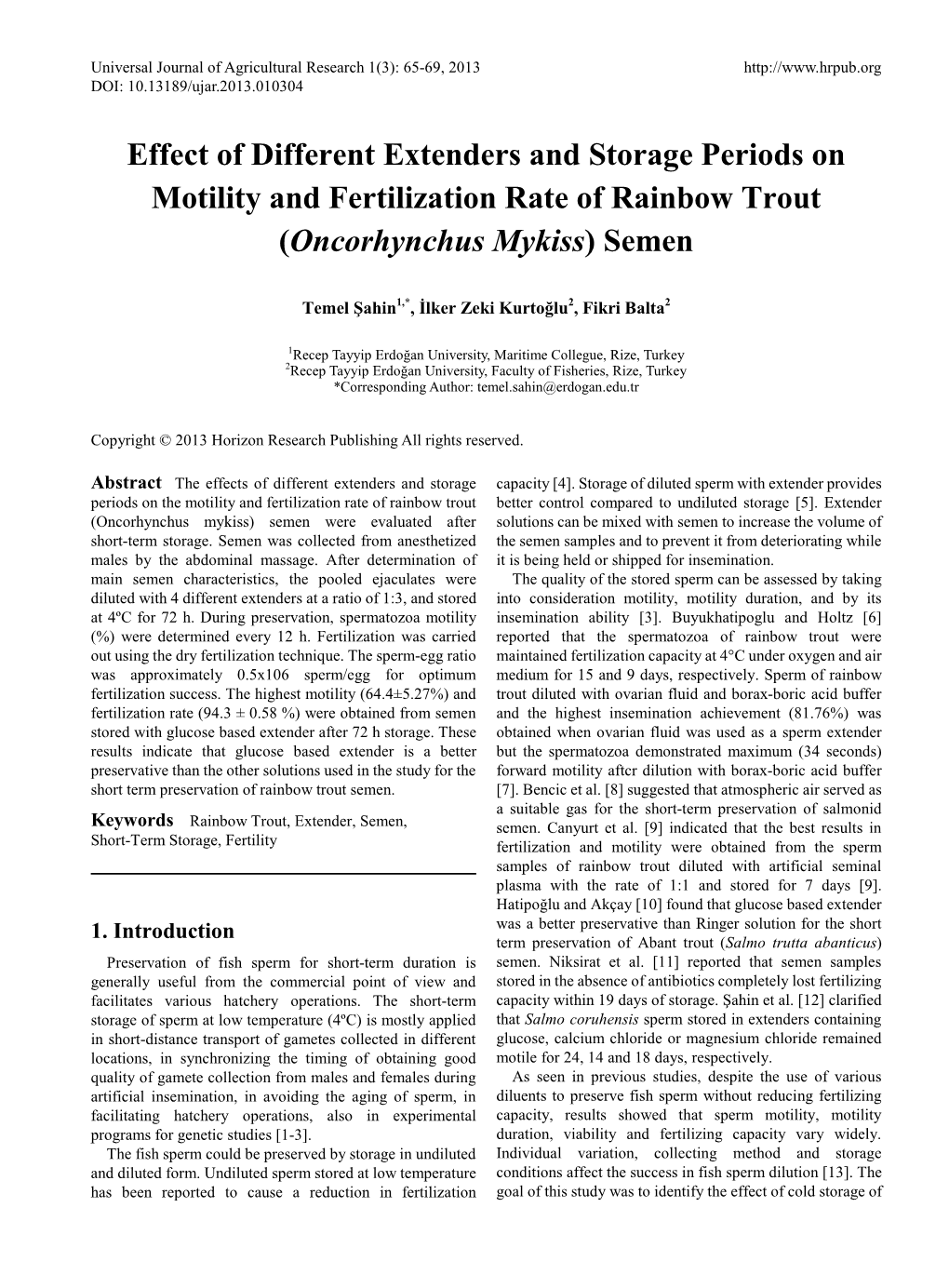 Effect of Different Extenders and Storage Periods on Motility and Fertilization Rate of Rainbow Trout (Oncorhynchus Mykiss) Semen