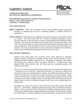 Legislative Analysis Mary Ann Cleary, Director NONHUMAN PRIMATES: Phone: (517) 373-8080 BAN OWNING, BREEDING, & IMPORTING