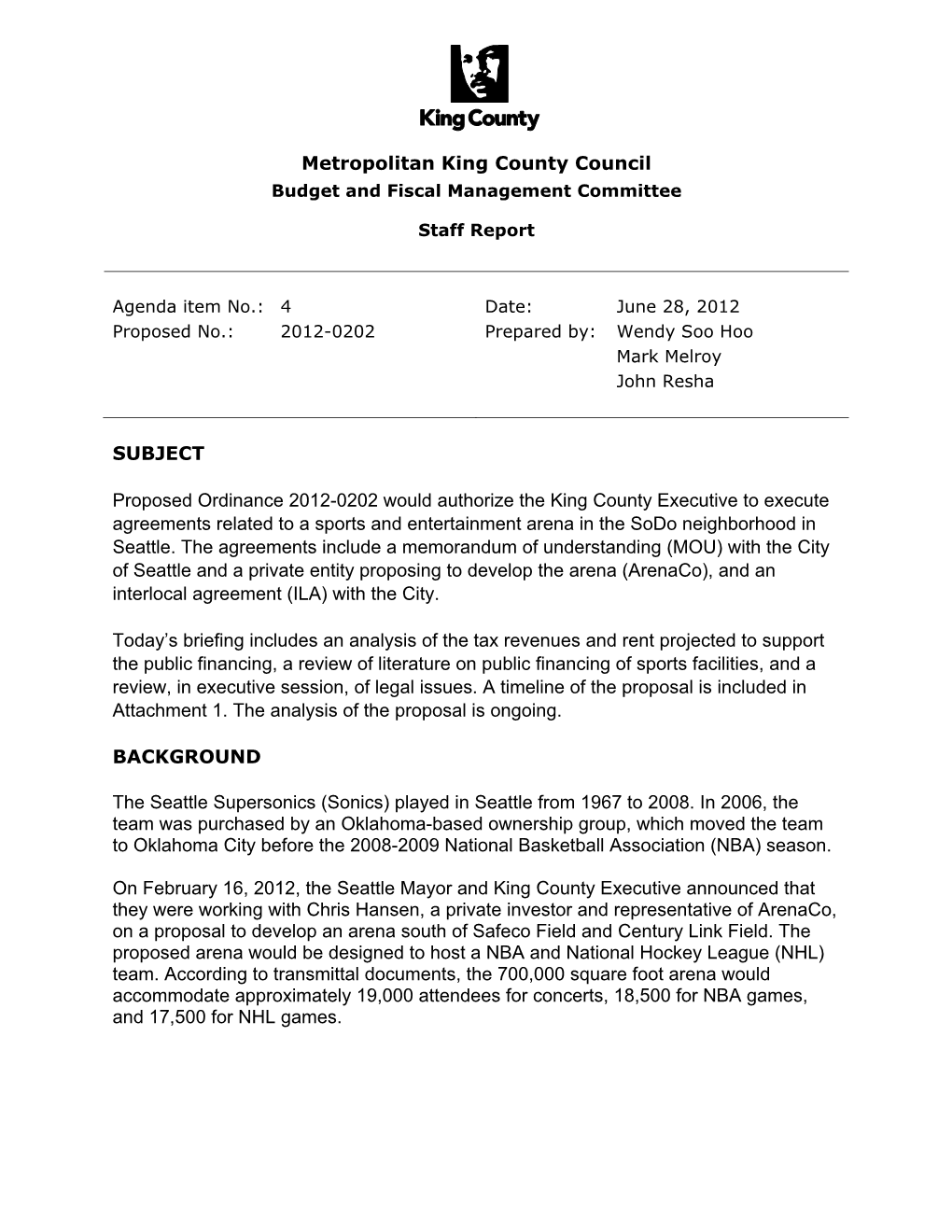 Metropolitan King County Council SUBJECT Proposed Ordinance