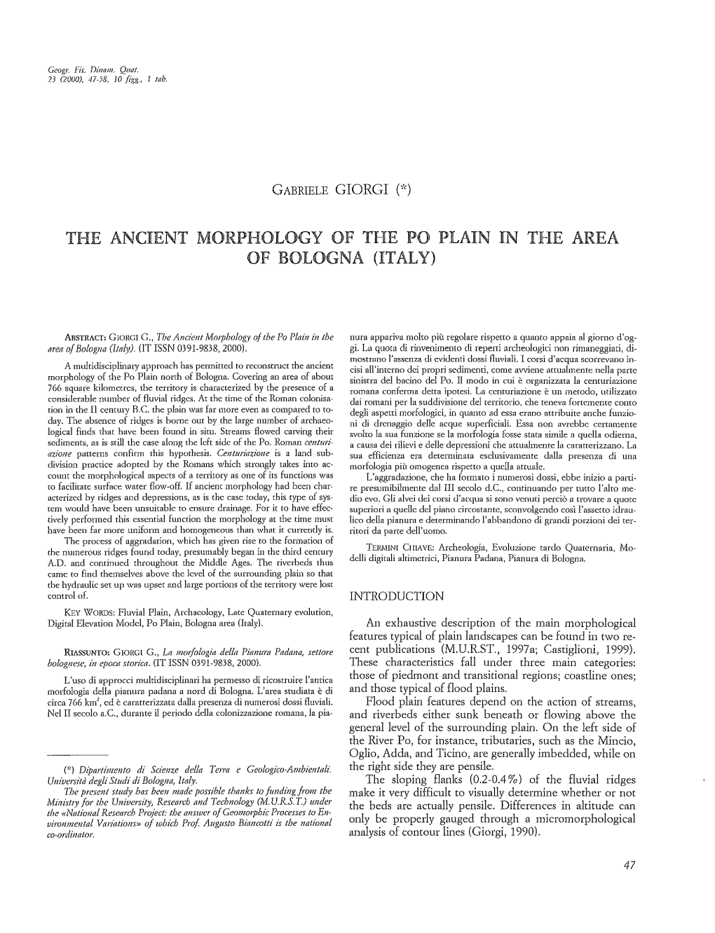 The Ancient Morphology of the Po Plain in the Area of Bologna (Italy)