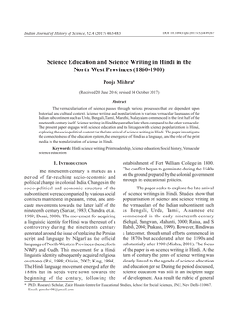 Science Education and Science Writing in Hindi in the North West Provinces (1860-1900)
