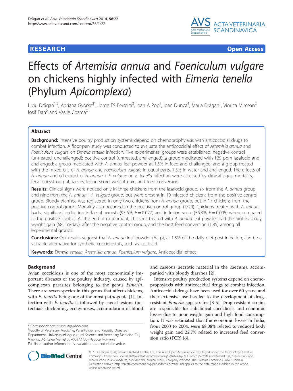 Effects of Artemisia Annua and Foeniculum Vulgare on Chickens Highly Infected with Eimeria Tenella