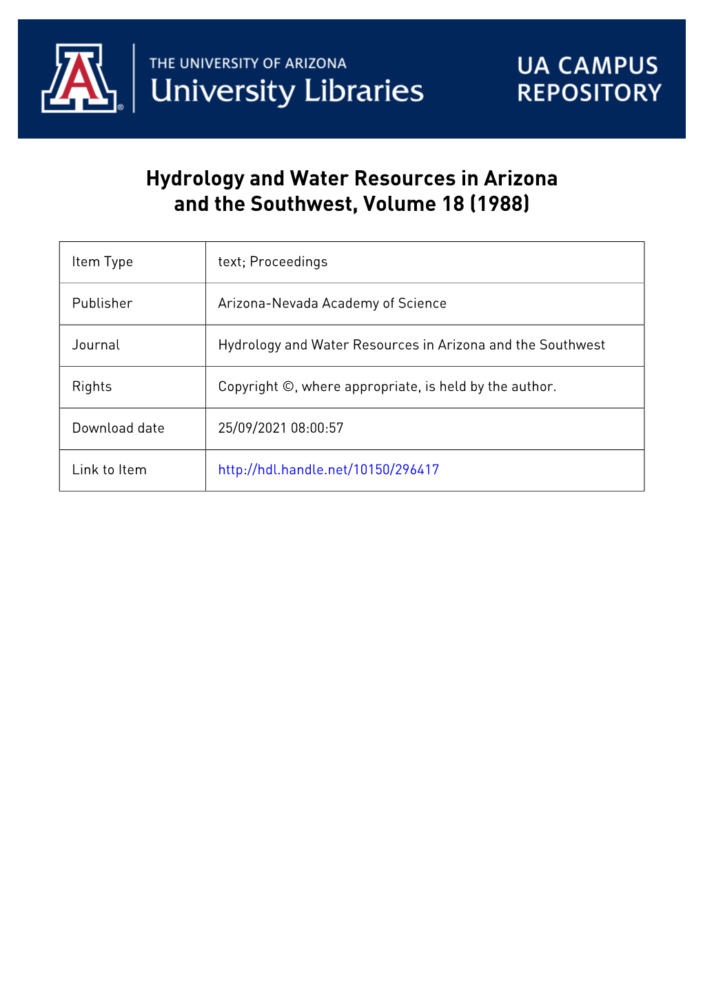 Hydrology and Water Resources in Arizona and the Southwest, Volume 18 (1988)
