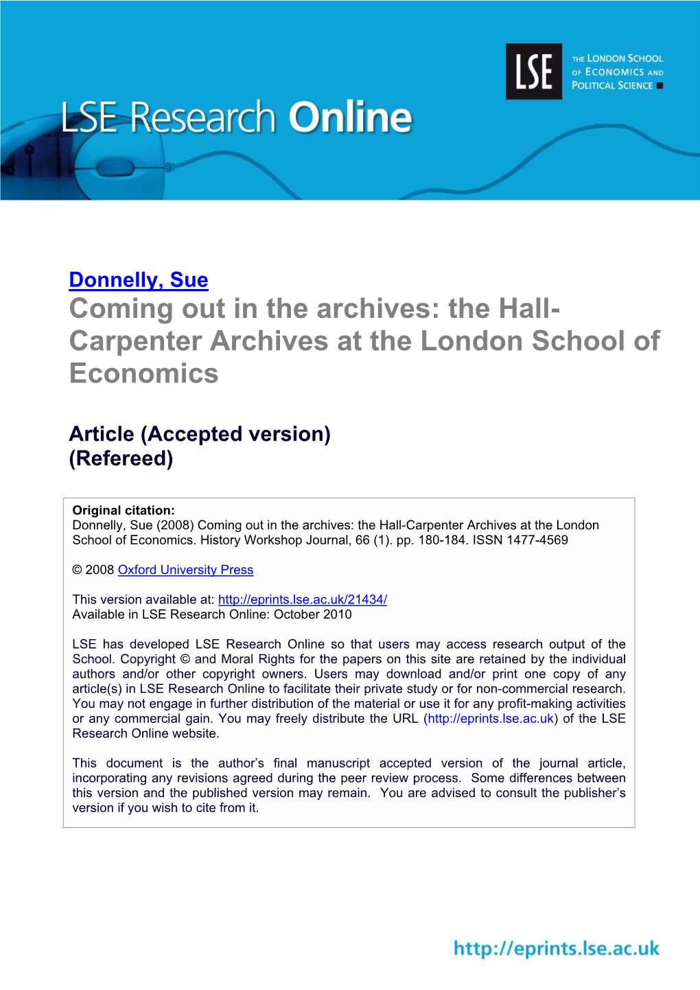 Coming out in the Archives: the Hall- Carpenter Archives at the London School of Economics