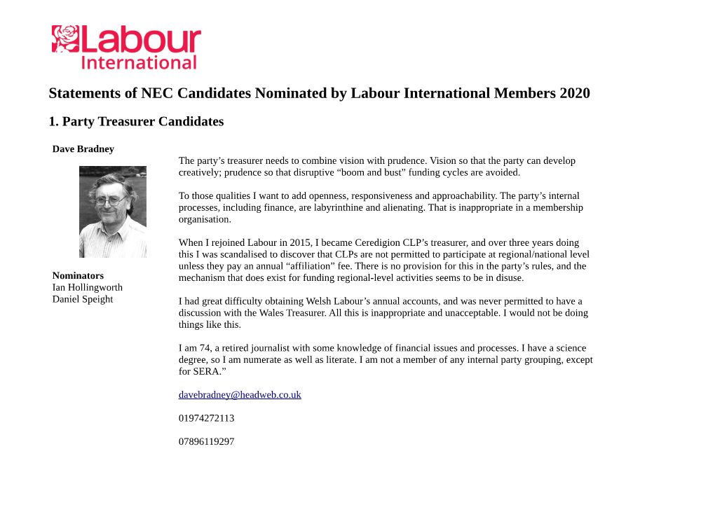 Statements of NEC Candidates Nominated by Labour International Members 2020