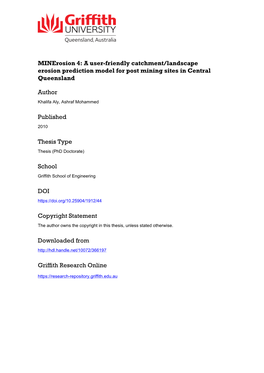 A User-Friendly Catchment/Landscape Erosion Prediction Model for Post Mining Sites in Central Queensland