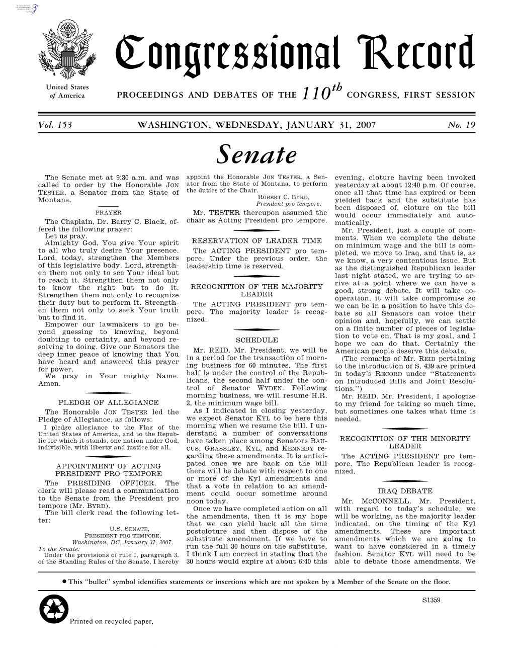 Congressional Record United States Th of America PROCEEDINGS and DEBATES of the 110 CONGRESS, FIRST SESSION