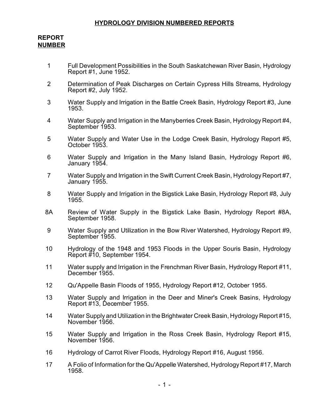 Hydrology Division Numbered Reports